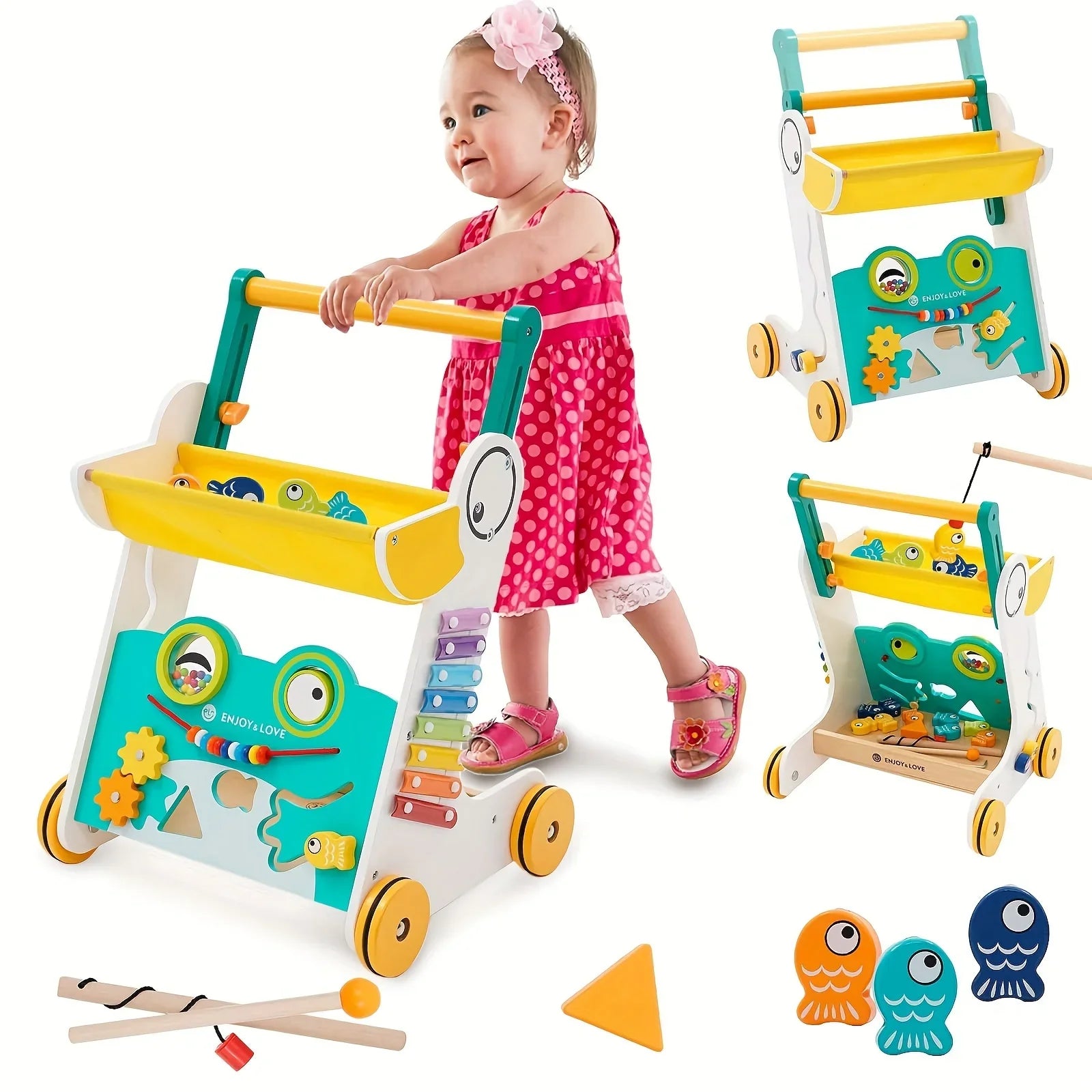 Trolley Walker Entertainment Toy Shape Learning for Sit-to-Stand Multiple Toddler Walker Baby Fishing Wooden Kids Baby Activity Along Xylophone Boys Infants Sorter Push Center with Girls Push