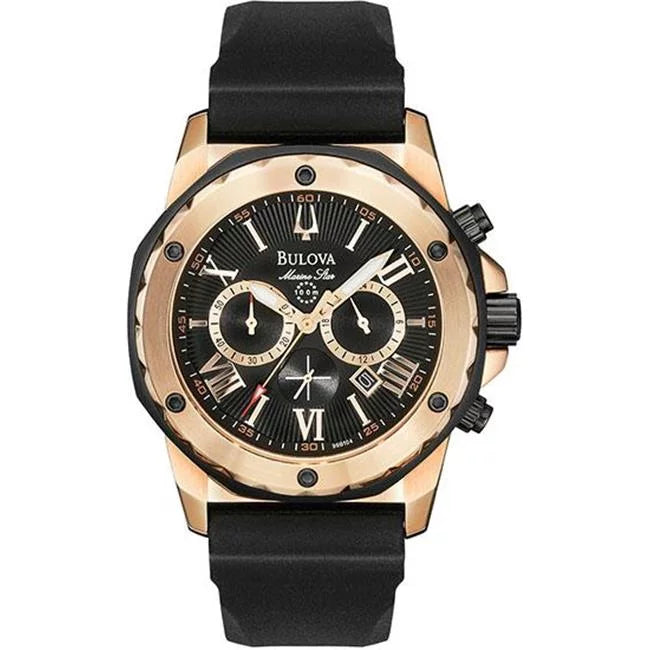 Dial Strap - Marine Men's Stainless Tone Gold Steel Rubber Black Black Chronograph Star