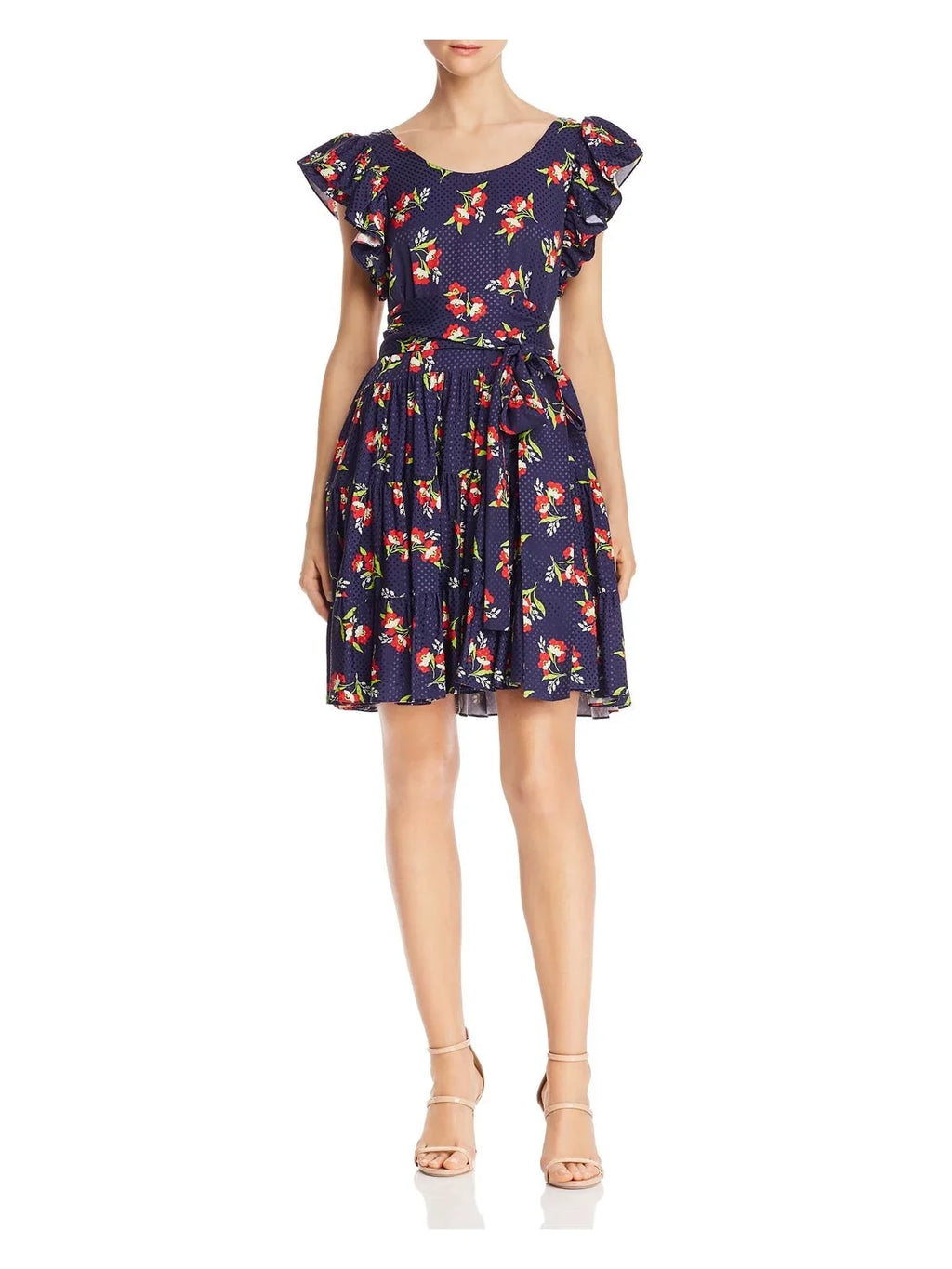 STUART Sleeve Womens Short Navy Cut outfit + L Scoop Fit Back JILL Out Floral Cap Neck Flare