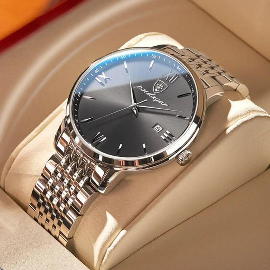 Waterproof Cool Men Fashion Business Stainless Quartz Ultra-Thin Calender New Week Luxury Steel POEDAGAR Watches Wristwatch