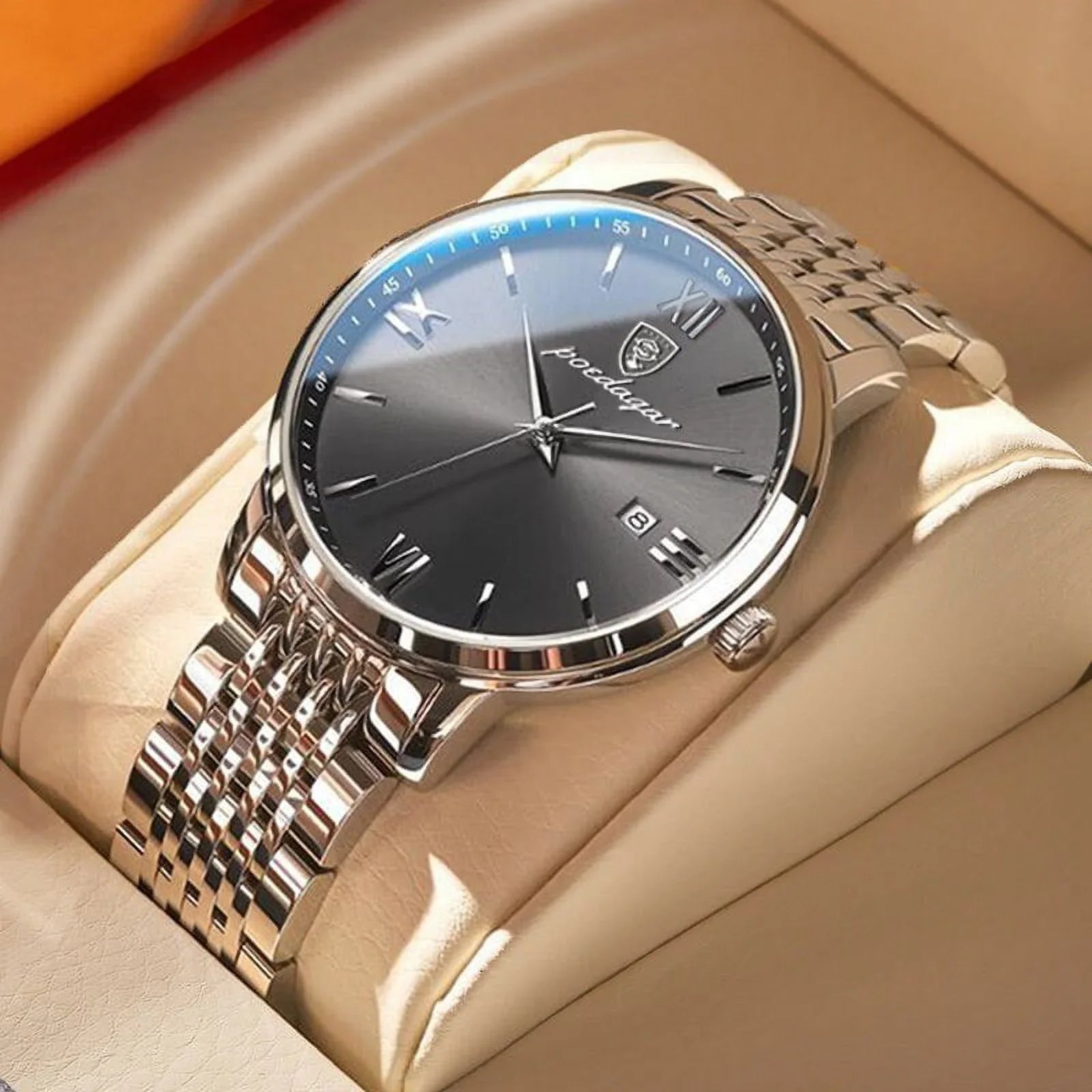 Waterproof Cool Men Fashion Business Stainless Quartz Ultra-Thin Calender New Week Luxury Steel POEDAGAR Watches Wristwatch