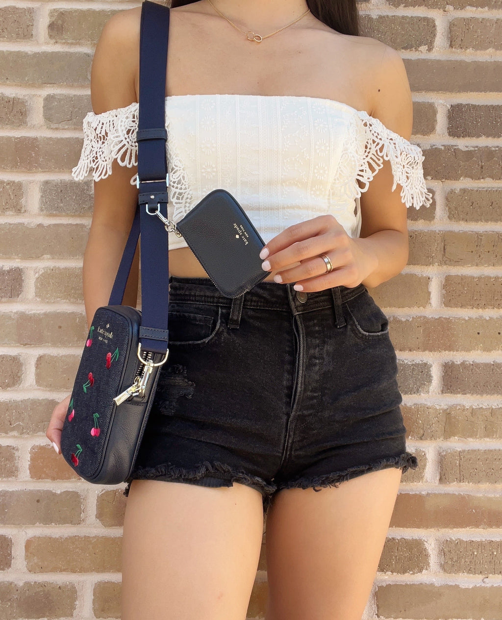 Cherries + Spade Coin Denim Crossbody Embroidered Rosie Phone Zip NS Kate Pouch