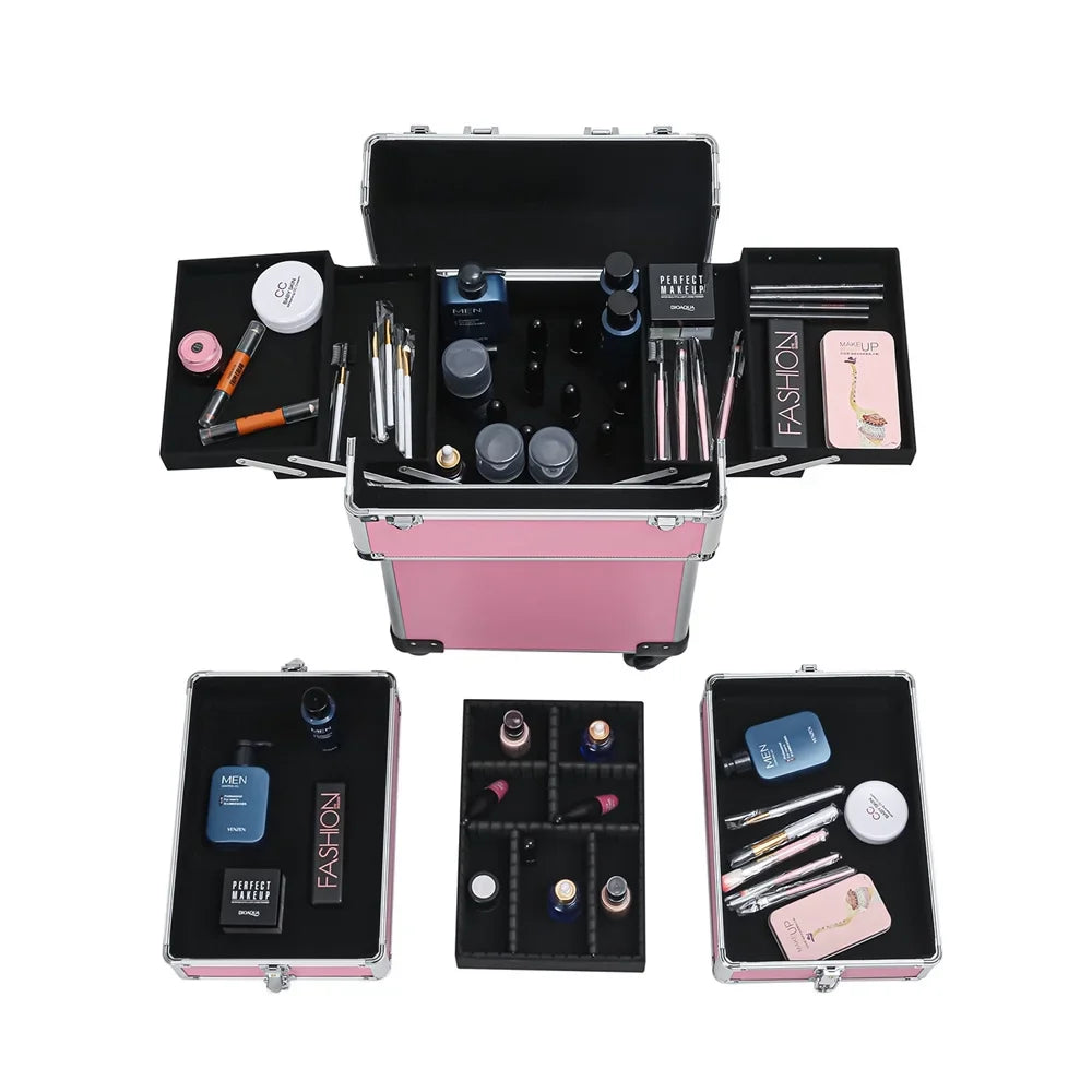 Rolling Case Makeup Case with Trolley Drawers Train Zeng Makeup Case,Pink
