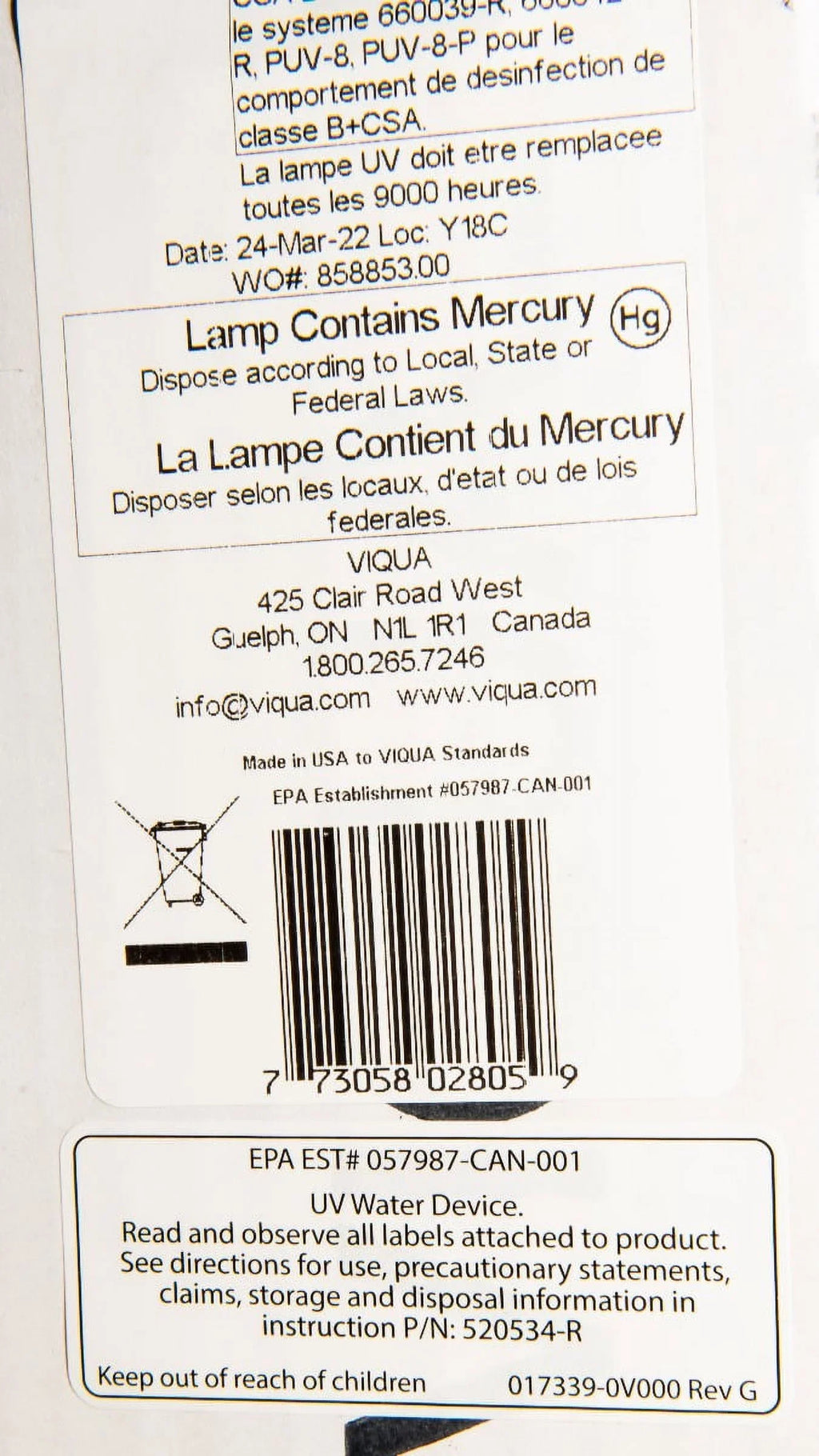 Models Viqua D4 UV Premium 602805 Systems D4, D4+, for Replacement Lamp
