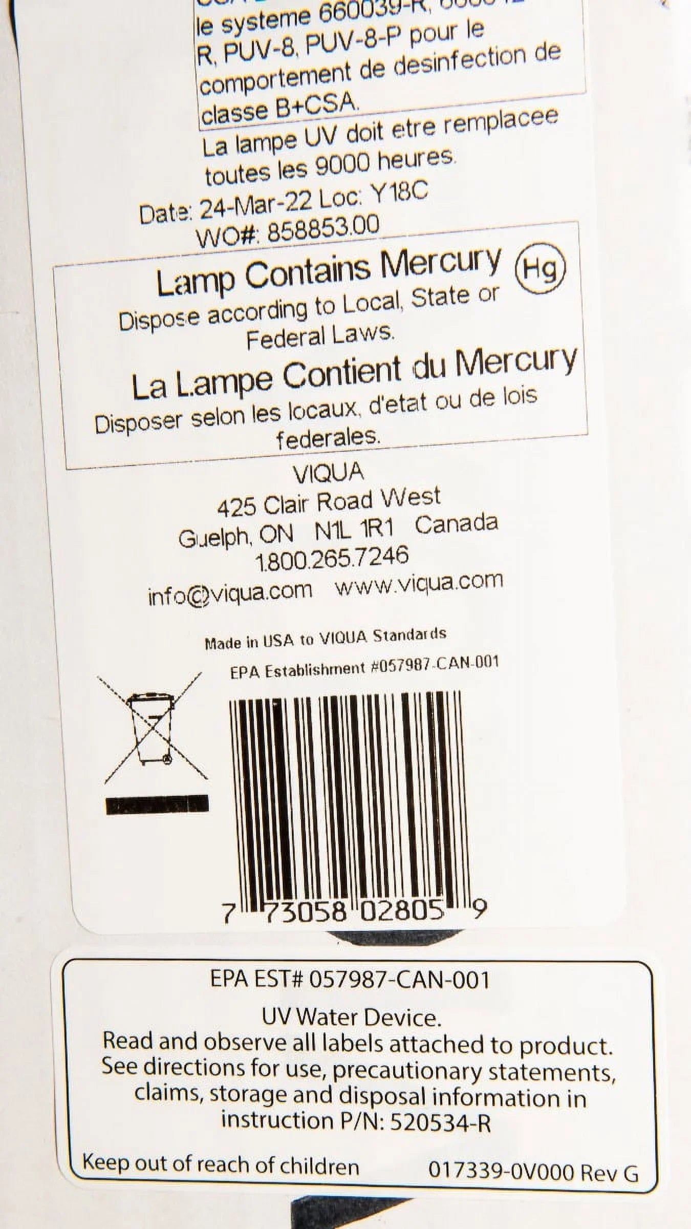Models Viqua D4 UV Premium 602805 Systems D4, D4+, for Replacement Lamp