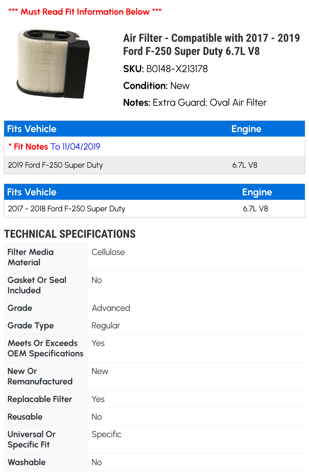 Compatible 2019 Filter Super 6.7L with - V8 Duty 2018 F-250 2017 - Air