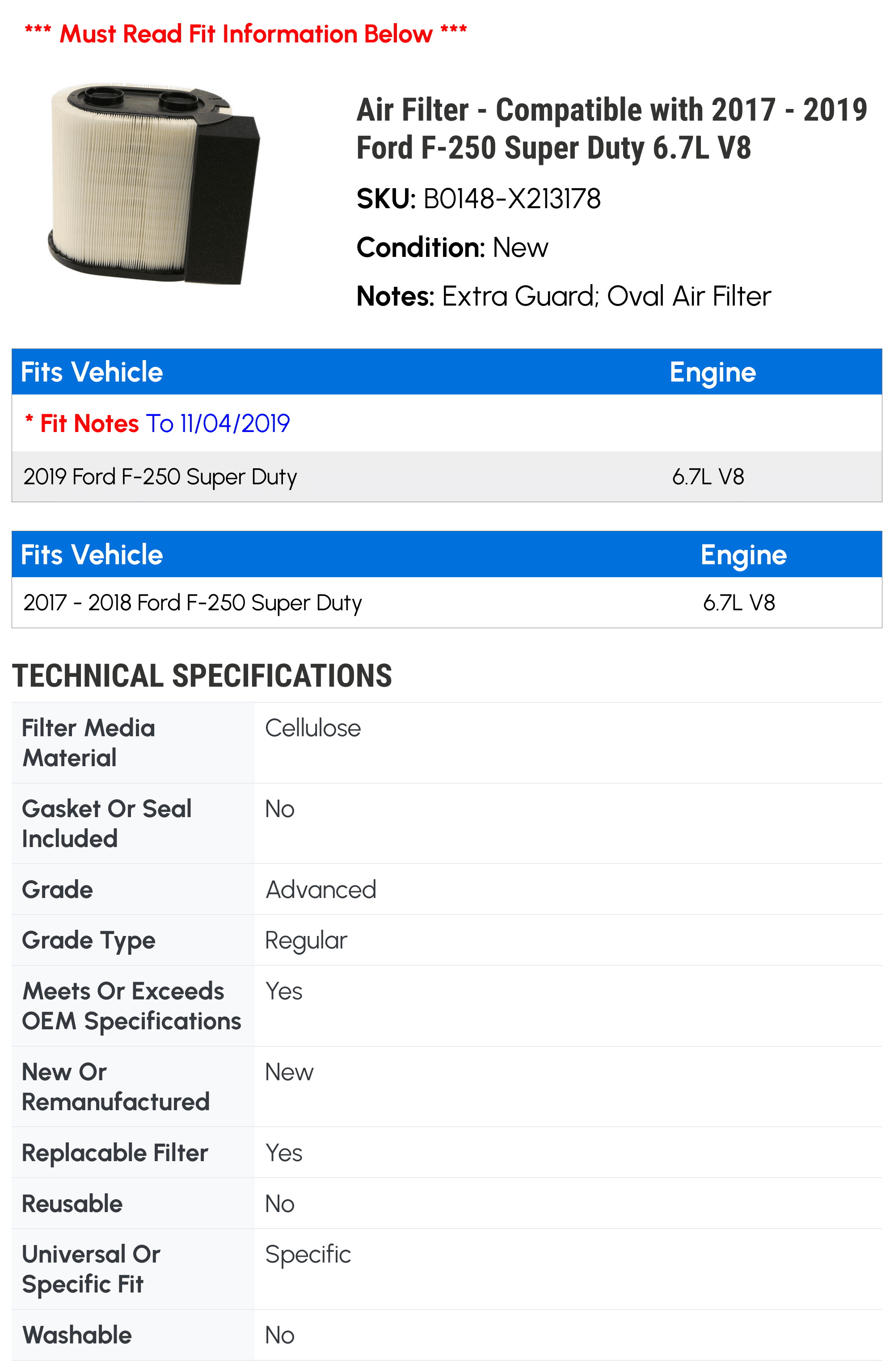 Compatible 2019 Filter Super 6.7L with - V8 Duty 2018 F-250 2017 - Air