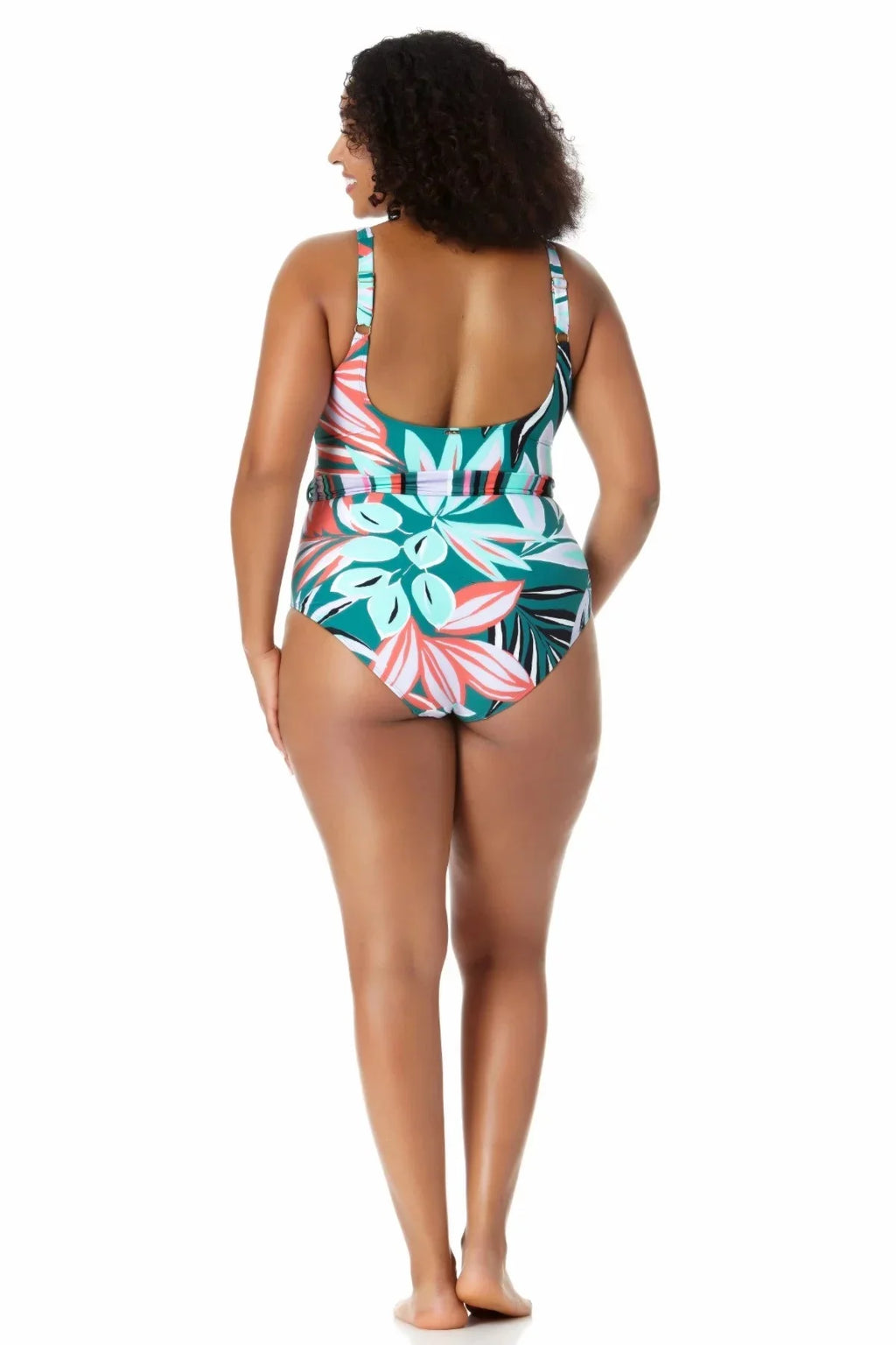 Cole Swimsuit Multi Neck Women's Belted 16W Anne Tropical Zesty Scoop One Piece dimension