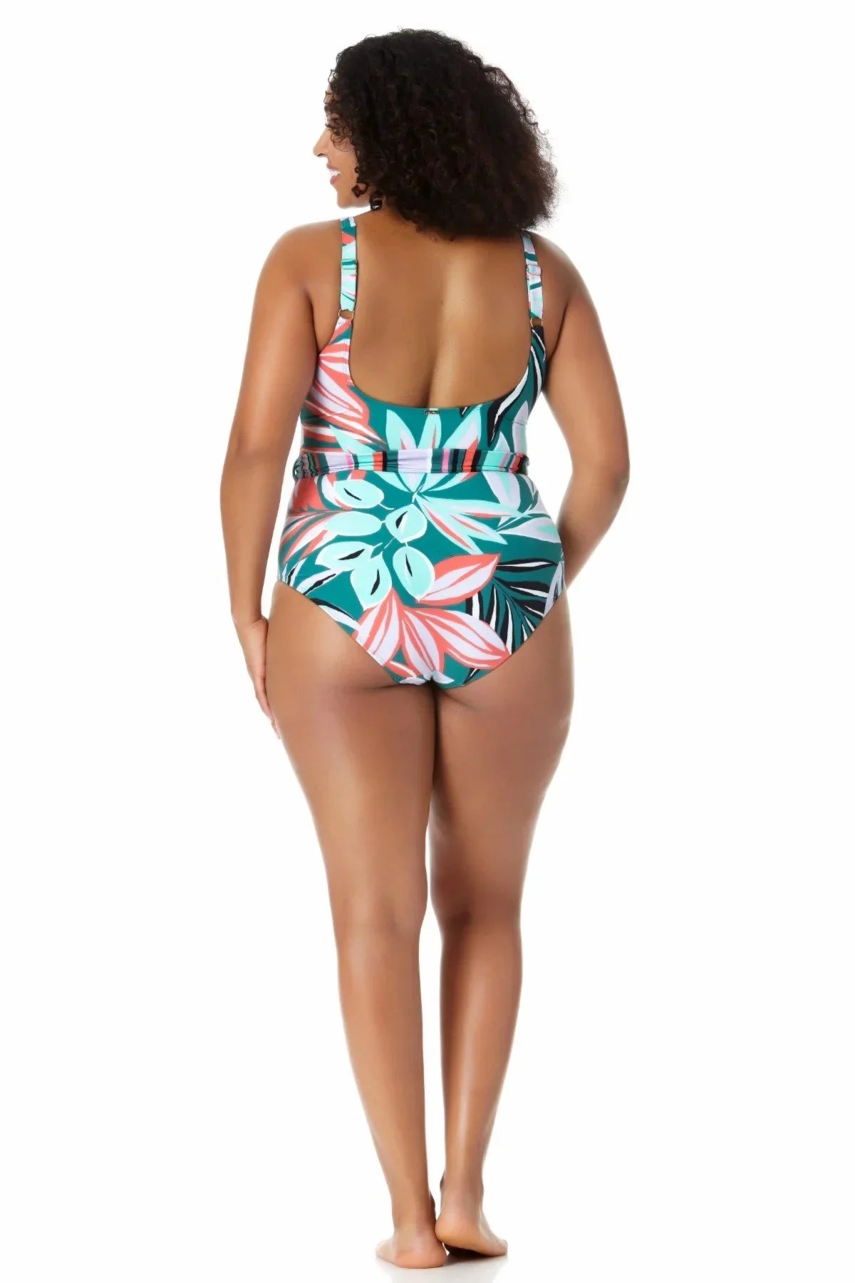 Cole Swimsuit Multi Neck Women's Belted 16W Anne Tropical Zesty Scoop One Piece dimension
