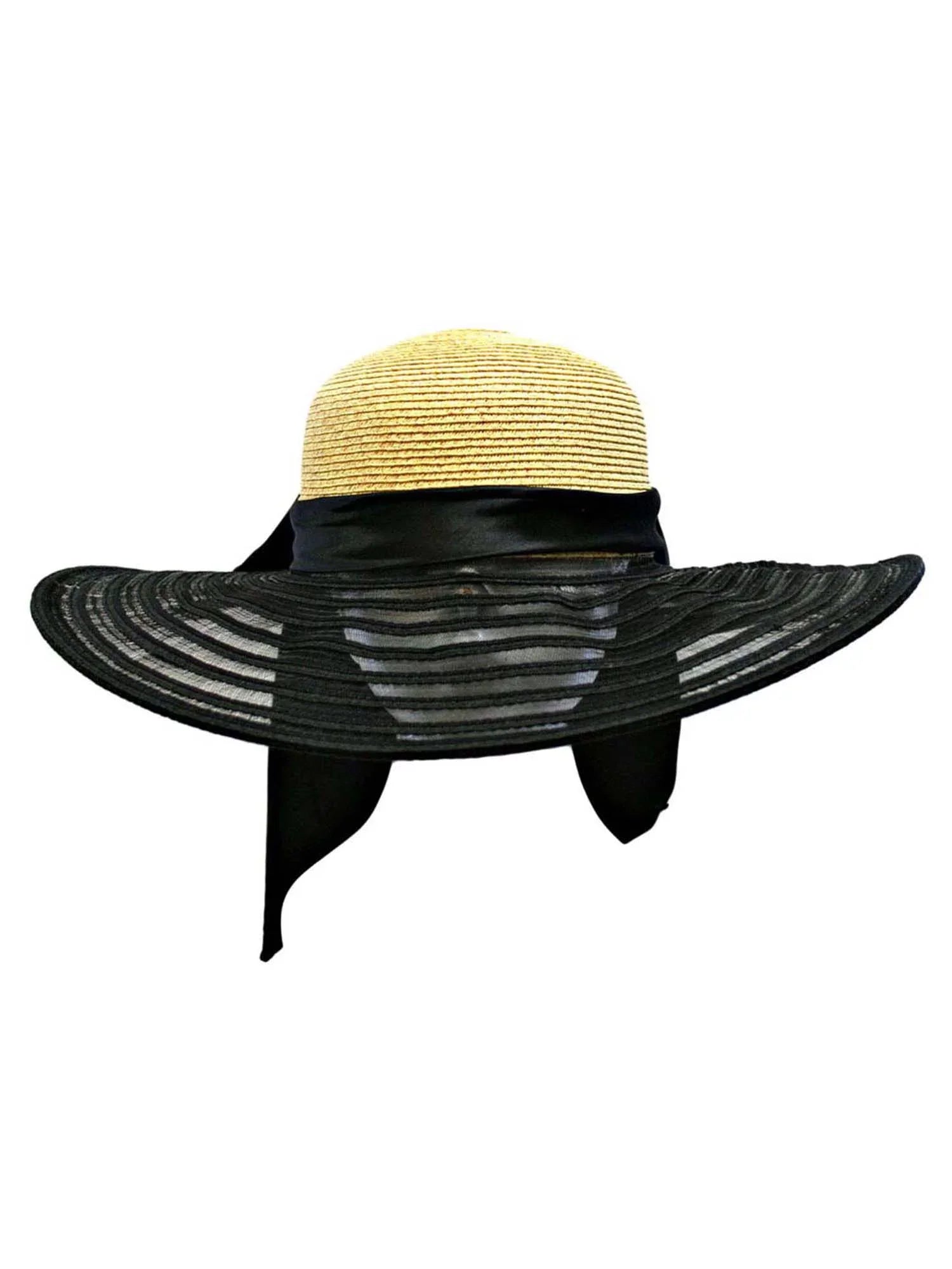 Wheat Black Satin Large Floppy Bow & With Brim Wide Hat