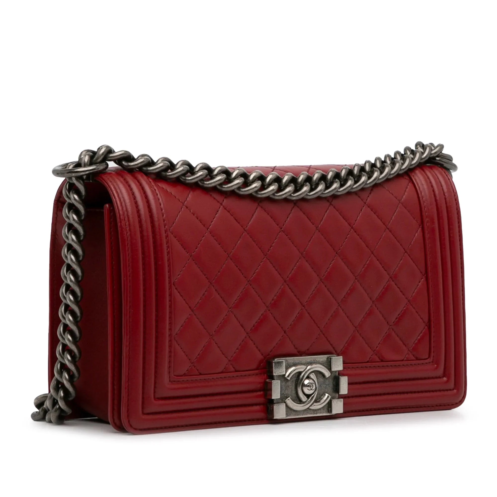 Lambskin Crossbody Unisex (Good) Authenticated Medium Pre-Owned Boy Bag Flap Red Leather Bag