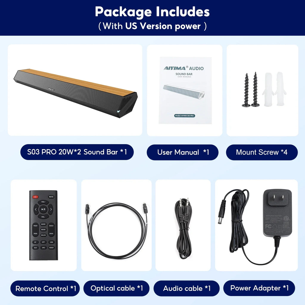 3 Bar 5.0, EQs, TV S03PRO System Bluetooth Theater Speakers, AUX for Audio with Soundbar Coaxial 110dB 60W Connection, 28-Inch Home HDMI-ARC, AIYIMA 4 Sound USB Soundbar Optical Surround