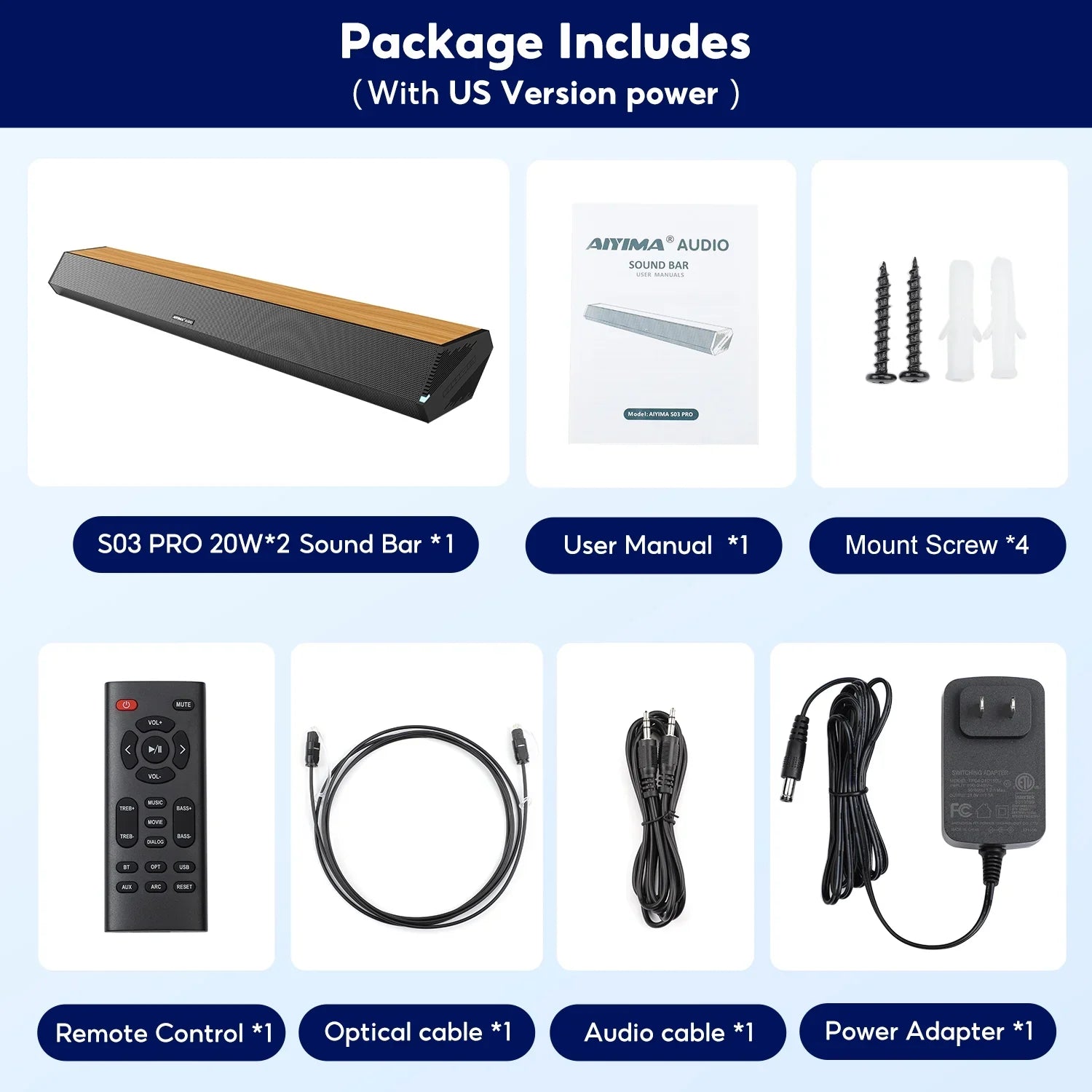 3 Bar 5.0, EQs, TV S03PRO System Bluetooth Theater Speakers, AUX for Audio with Soundbar Coaxial 110dB 60W Connection, 28-Inch Home HDMI-ARC, AIYIMA 4 Sound USB Soundbar Optical Surround