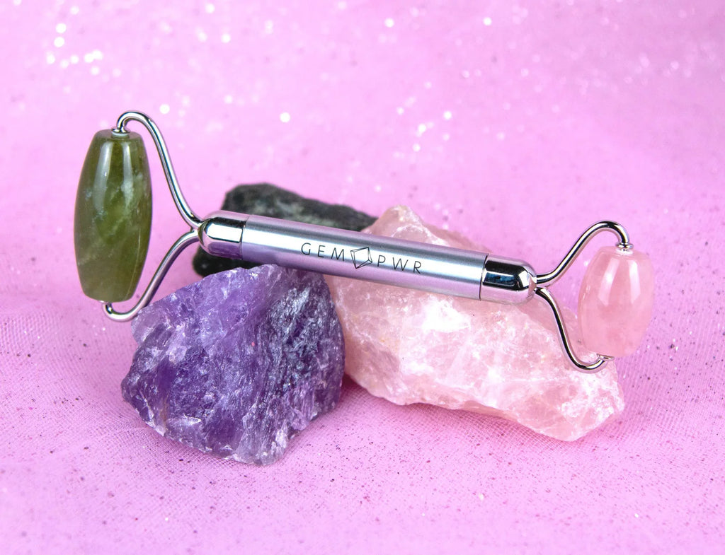 2-in-1 Handle Rose Roller, Dual and with Quartz Durable PWR Head Face Bag Travel Steel GEM Jade +