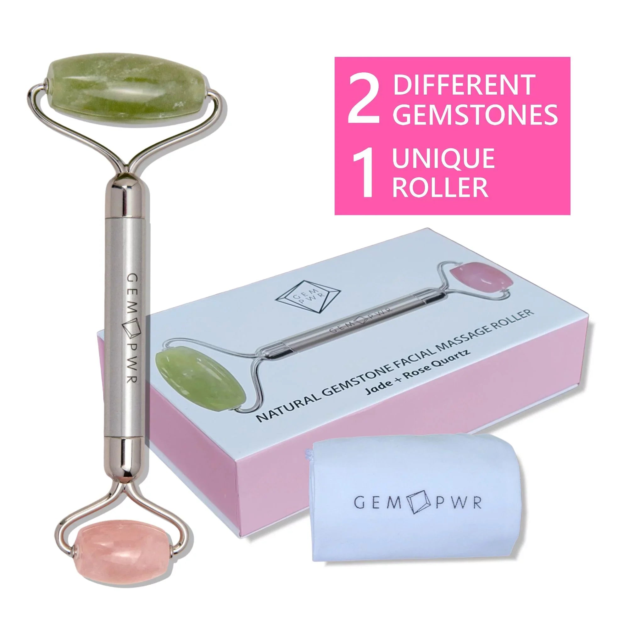 2-in-1 Handle Rose Roller, Dual and with Quartz Durable PWR Head Face Bag Travel Steel GEM Jade +