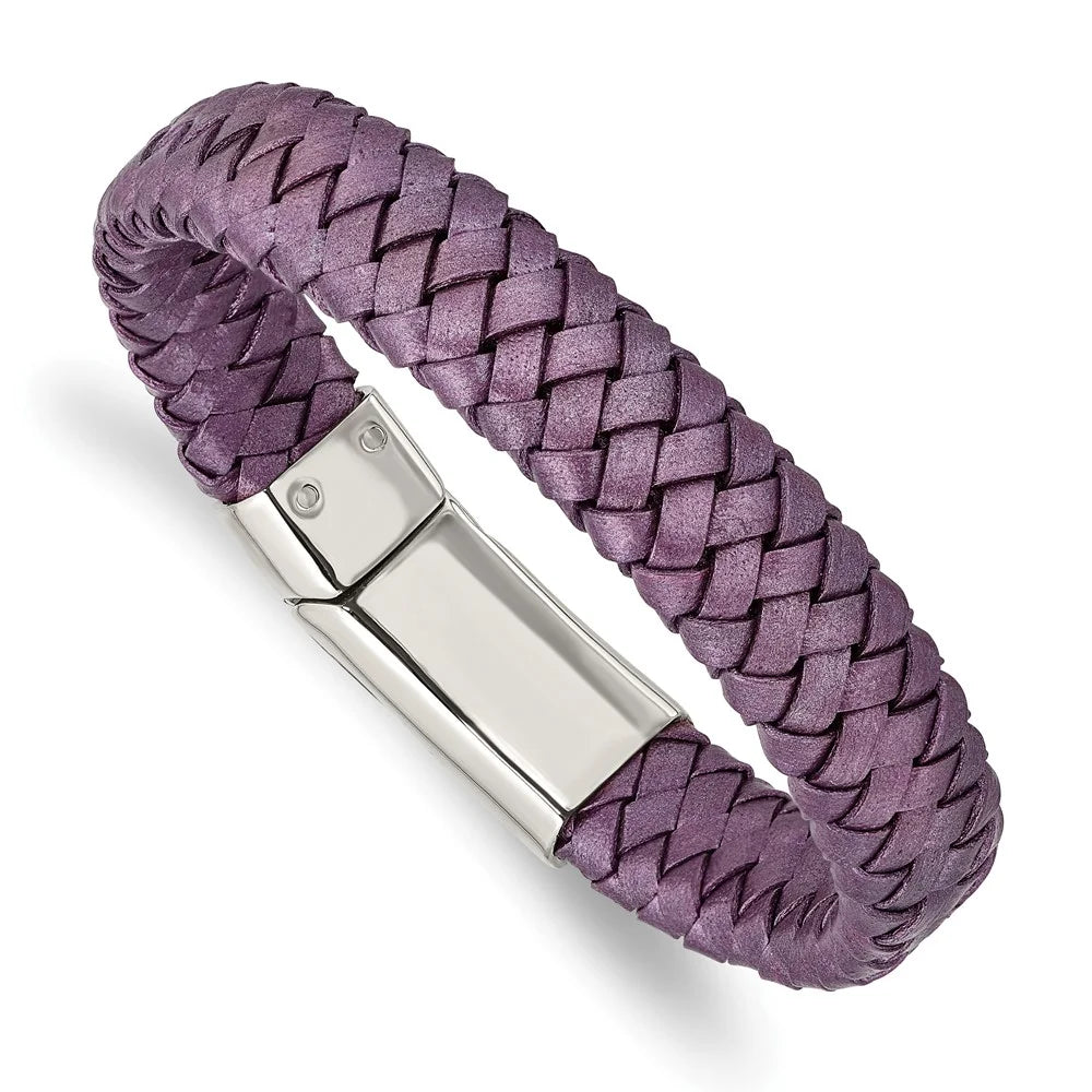 Stainless mm 16 in Bracelet Women's Chisel Polished Rubber Metallic & Purple Steel Leather Braided 7.5 Cord,