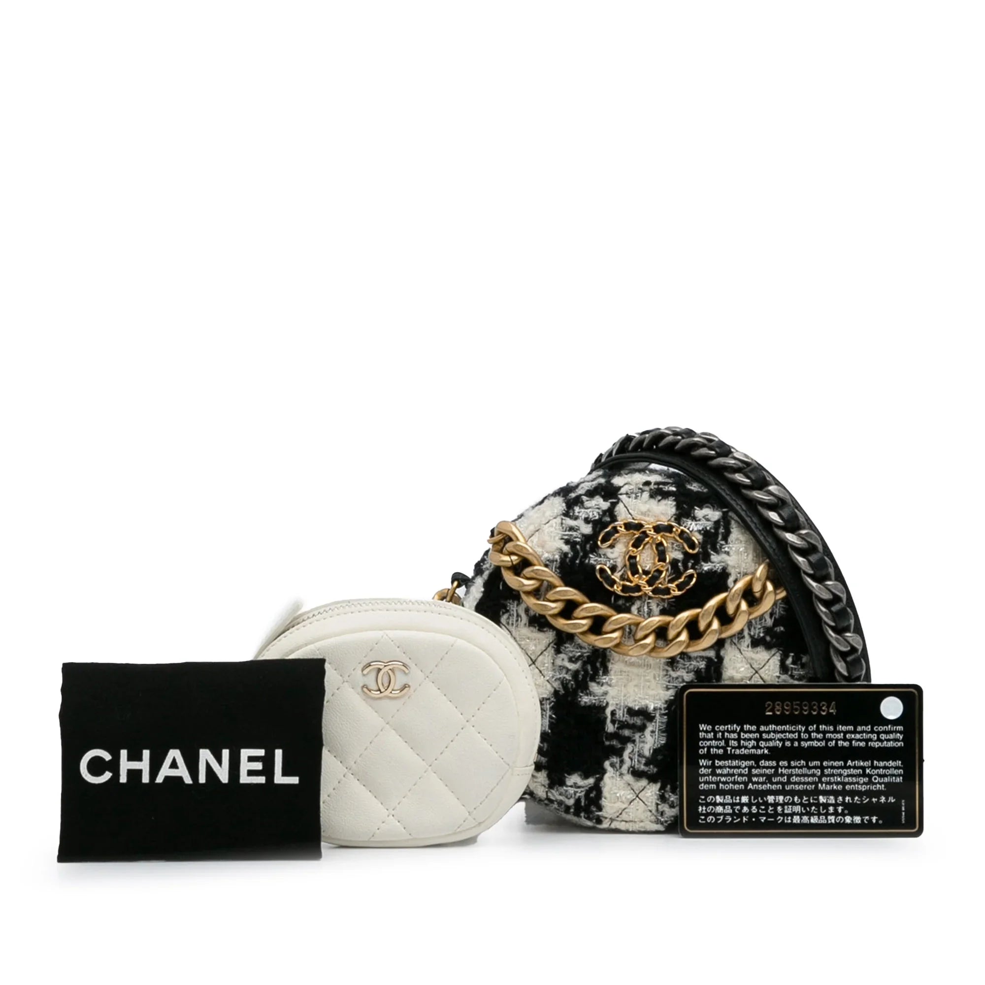 Chain Unisex with Coin 19 Lambskin Purse Black (Good) Clutch Bag Tweed Authenticated Pre-Owned Fabric Round Crossbody and