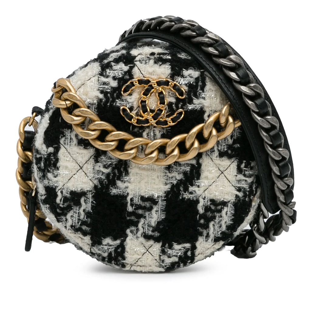 Chain Unisex with Coin 19 Lambskin Purse Black (Good) Clutch Bag Tweed Authenticated Pre-Owned Fabric Round Crossbody and