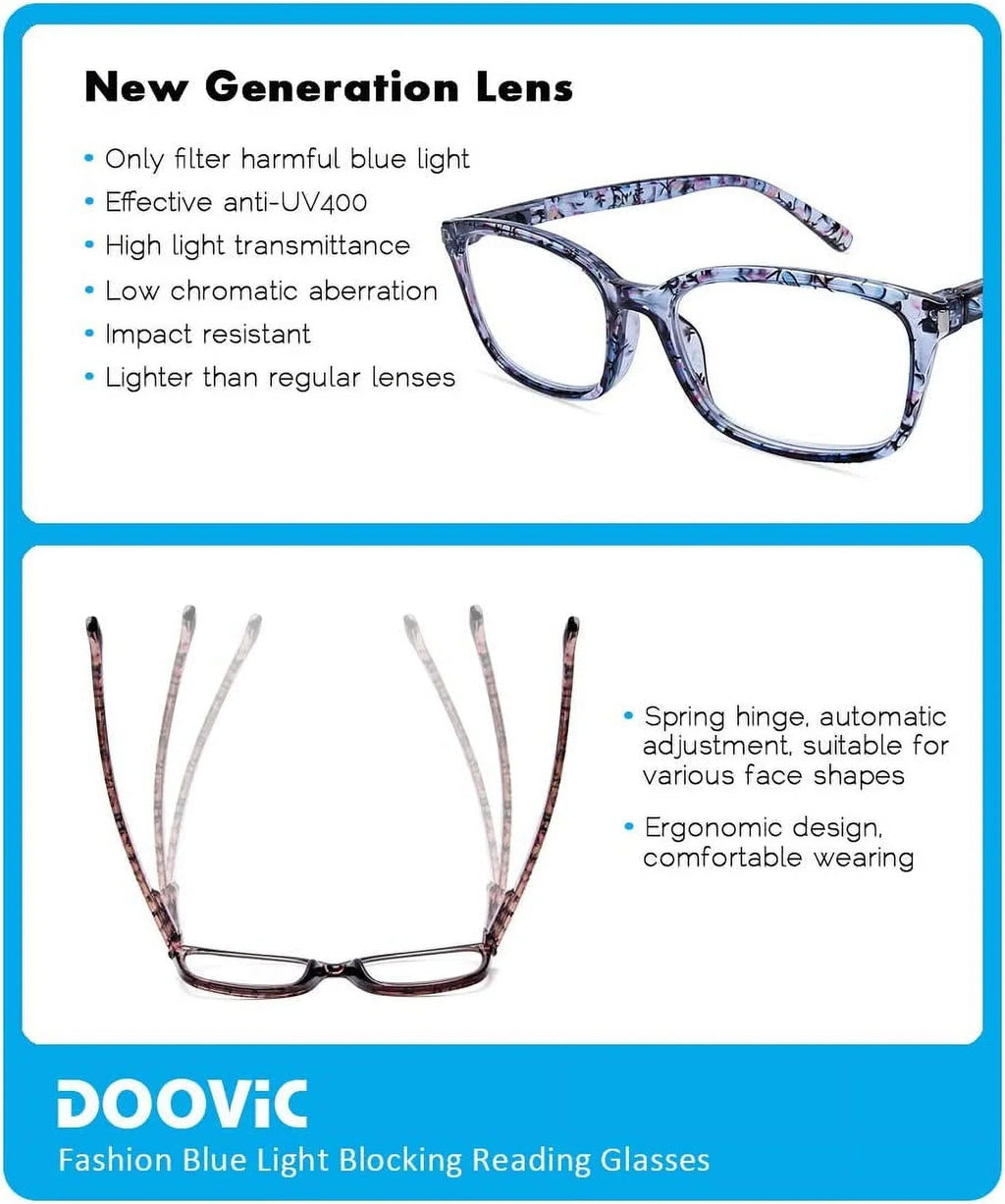 Computer Light Reading for Hinge DOOViC Pack Readers Eyestrain Blue Stylish 4 1.25 Blocking Glasses Spring Anti Women Strength