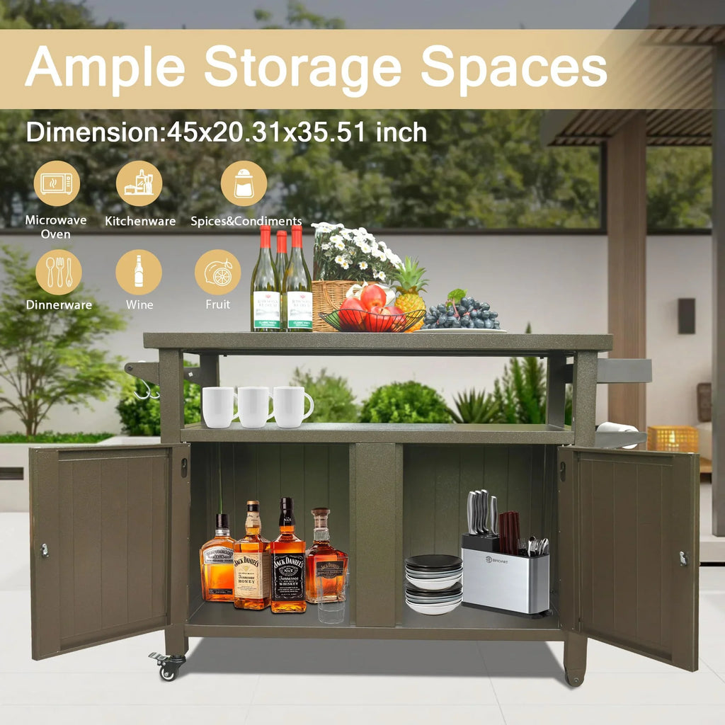 Cooking Kitchen Table Wheels, for Party, Dining Storage exterior Patio, Metal Grill (Brown) Cabinet Kitchen exterior Carts BBQ Table Bar with Prep Home Island, Grill Table CoSoTower